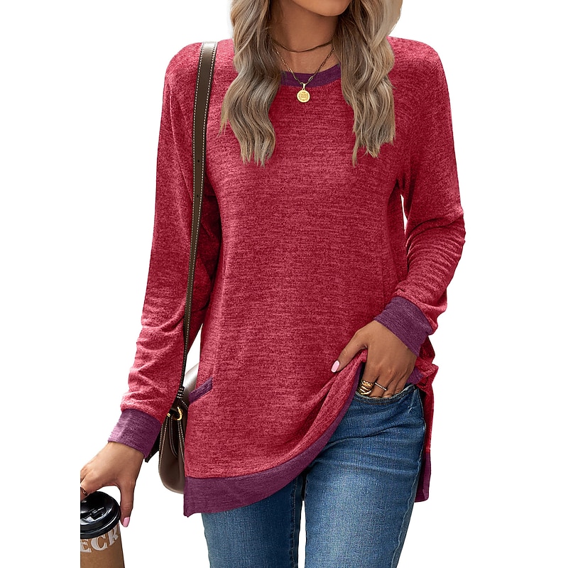 Women's T Shirt Color Block Basic Long Sleeve Puff Sleeve Round Neck Regular Tops Valentine's Day Daily Print Black Army Green Red Light Brown Blue Fall & Winter4