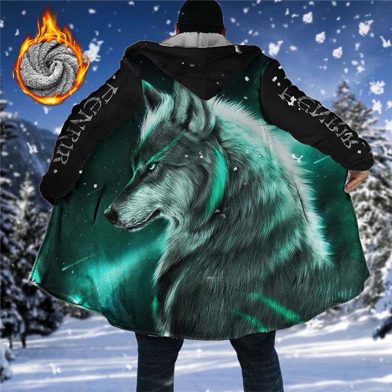 Men's Winter Coat Fleece Jacket Coat Sports & Outdoor Daily Wear Warm Breathable Zipper Pocket Fall & Winter Animal Wolf Fashion Streetwear Hoodie Long Regular Fit Black Yellow Blue Purple Green3