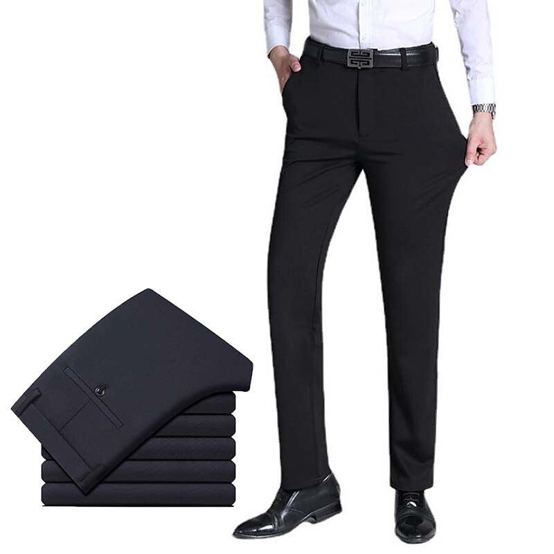 Men's Dress Pants Trousers Pocket Straight Leg Plain Wedding Office Work Chic & Modern Formal Black Navy Blue High Waist Micro-elastic
