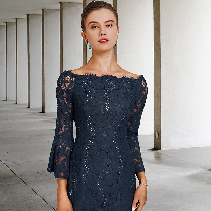 Sheath Mother of the Bride Dress Wedding Guest Elegant Vintage Jewel Neck Tea Length Lace 3/4 Length Sleeve with Sequin4