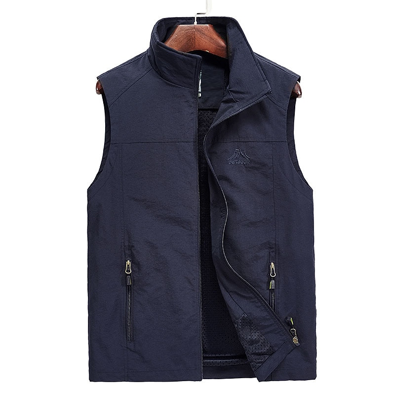 Men's Fishing Vest Sleeveless Vest Outdoor Casual Spring Fall Zipper Pocket Nylon Quick Dry Plain Zipper Army Green khaki Dark Blue Vest2