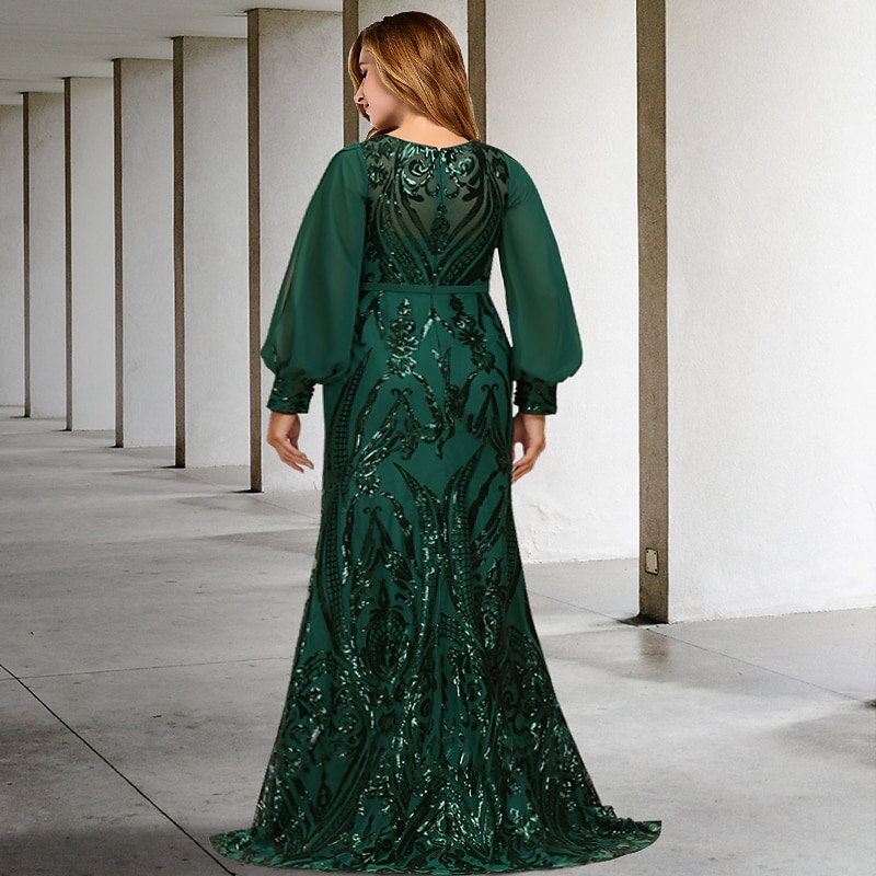 Mermaid Plus Size Curve Mother of the Bride Dresses Elegant Dress Formal Wedding Guest Sweep / Brush Train Long Sleeve Jewel Neck Chiffon with Sequin free custom size 7
