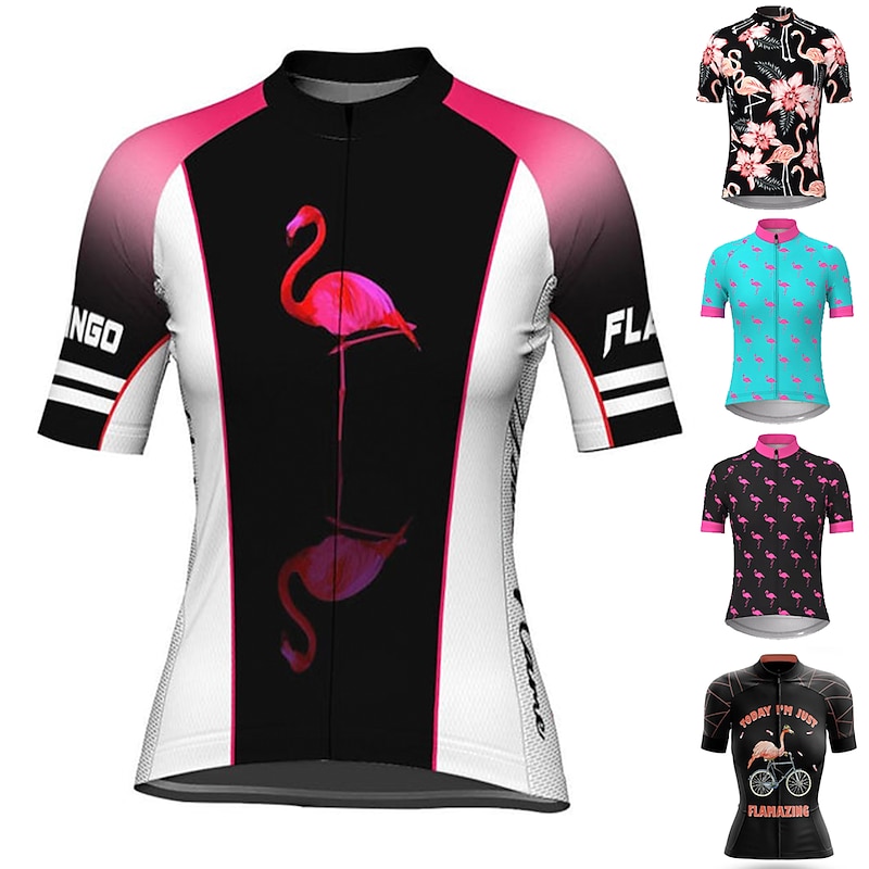 Women's Cycling Jersey Flamingo Funny Short Sleeve Bike Jersey Top with 3 Rear Pockets Mountain Bike MTB Road Bike Cycling Quick Dry Reflective Strips Back Pocket Moisture Wicking Sports Violet Black