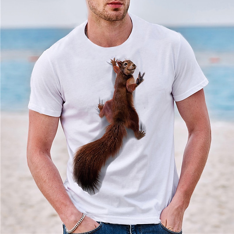 Men's Graphic Prints Squirrel Shirt T Shirt 100% Cotton Short Sleeve Graphic Shirt White Comfortable Tee Casual Fashion Designer Clothing