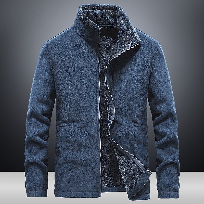 Men's Hiking Fleece Jacket Windbreaker Polar Fleece Winter Outdoor Solid Color Thermal Warm Windproof Lightweight Stand Collar Outerwear Trench Coat Top Single Slider Hunting Fishing Climbing Blue4
