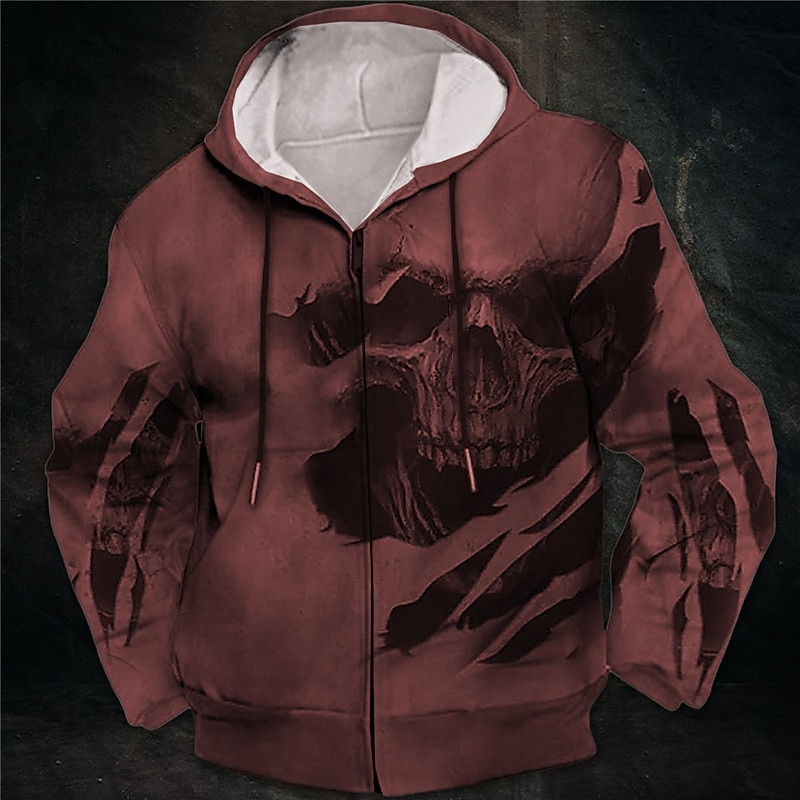 Men's Skull Graphic Prints Hoodie Hoodies Sweatshirt Streetwear Designer Long Sleeve Hooded Sports & Outdoor Daily Sports Wine Red Zipper Print Spring &  Fall Designer3