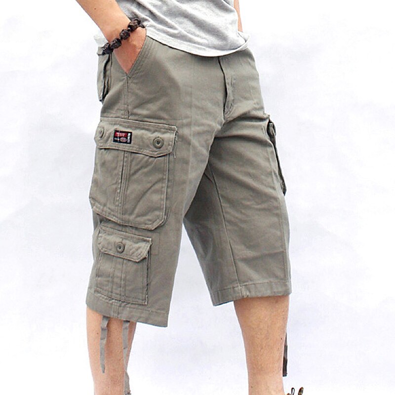 Men's Capri Cargo Shorts Leg Drawstring Multi Pocket Plain Calf-Length Streetwear Classic Style Black Army Green2