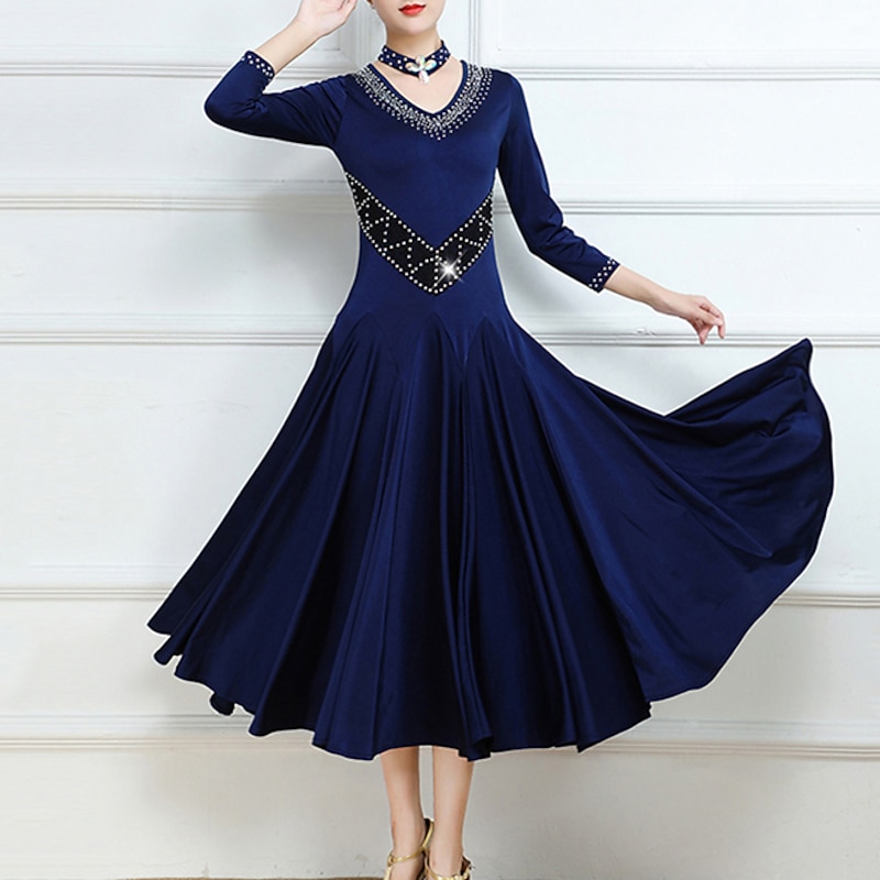 Ballroom Dance Dress Splicing Crystals / Rhinestones Women's Performance Training 3/4 Length Sleeve Chinlon Spandex