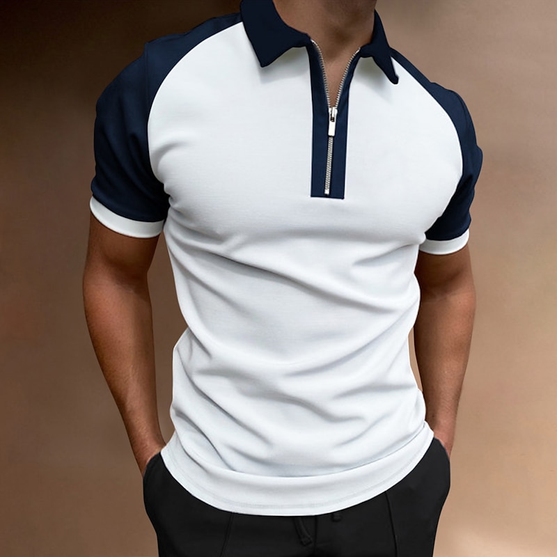 Men's Golf Shirt Going out Gym Turndown Quarter Zip Short Sleeve Sportswear Casual Solid Color Sports Patchwork Zipper Spring & Summer Slim Black / Red Black / Gray Navy Blue Sky Blue Light Grey Dark4