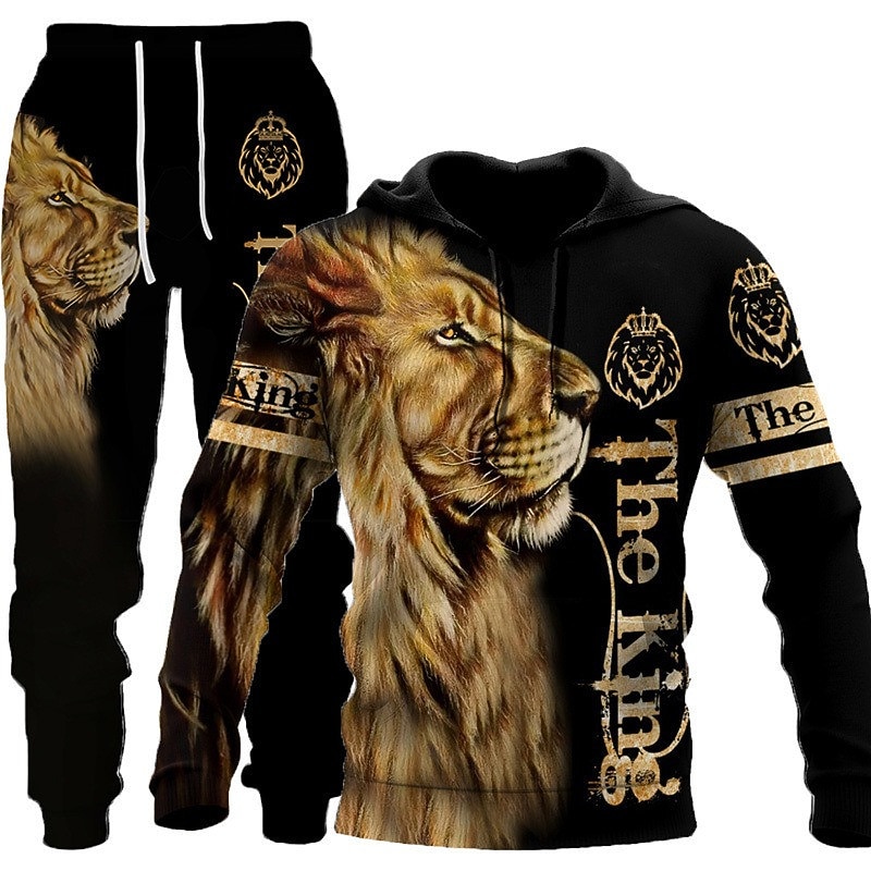 Men's Graphic Animal 2pcs 3D Sweatshirt Sets Tracksuit Hoodies Long Sleeve Long pants Hooded Streetwear Designer Basic Sports & Outdoor Casual Sports Print Spring Fall Brown2
