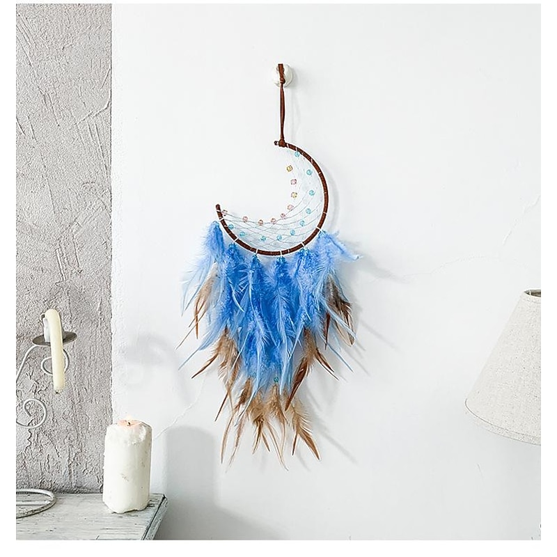 Moon Dream Catcher Handmade Gift Feather Hook Flower Wind Chime Ornament Wall Hanging Decor Art Boho Style 16x55cm/6.3''x22''4