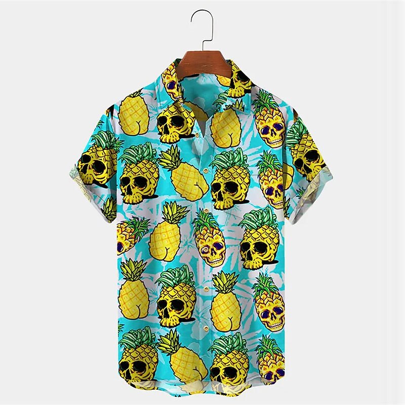 Men's Skull Pineapple Shirt Summer Hawaiian Shirt Aloha Shirt Short Sleeves Shirt Turndown Tropical Fashion Hawaiian Outdoor Street Hawaiian Blue S M L