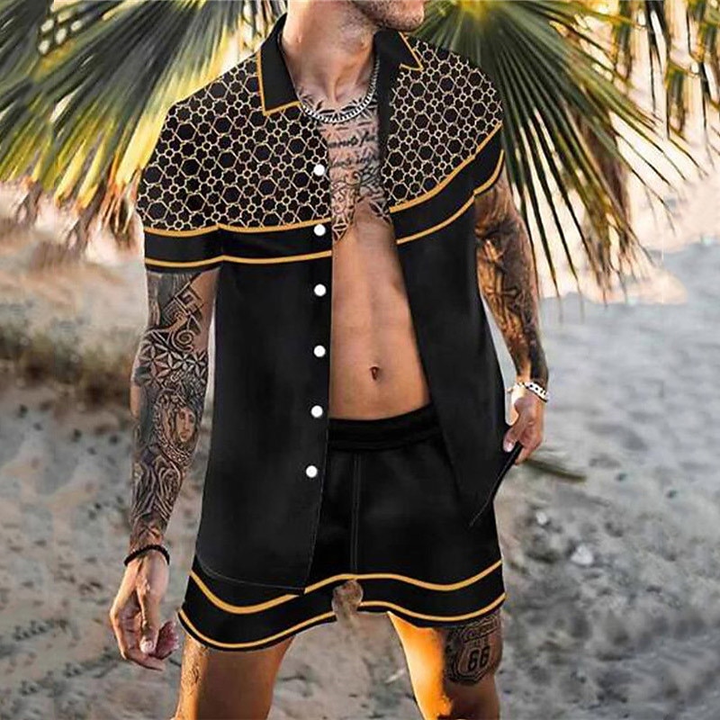 Men's Floral 2pcs Shirts Sets Summer Hawaiian Shirt Short Sleeve Short Pants Turndown Tropical Fashion Hawaiian Casual Holiday Beach Print Summer Spring Black White Yellow2