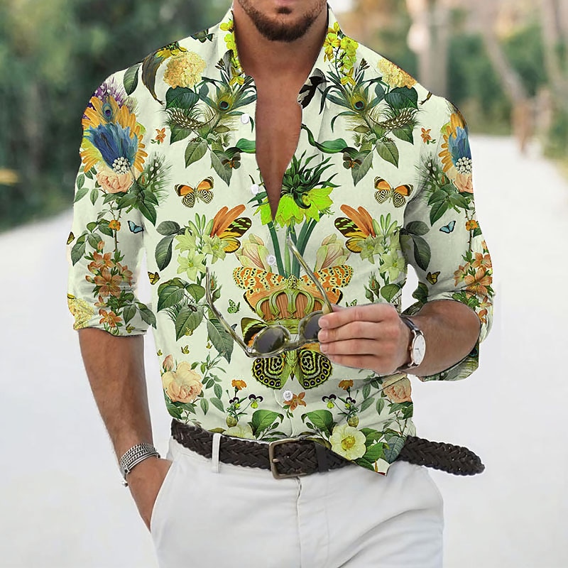 Men's Casual Shirt Long Sleeve Designer Retro Casual Vacation Going out Club Fall Spring &  Fall Classic Collar Print Blue Purple Green Gray3