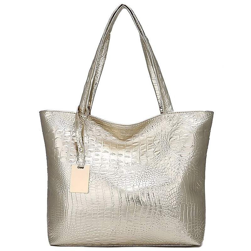 Women's Silver Croc Embossed Tote Bag | Large Capacity Faux Leather Shoulder Handbag for Everyday and Office Use – Stylish and Versatile