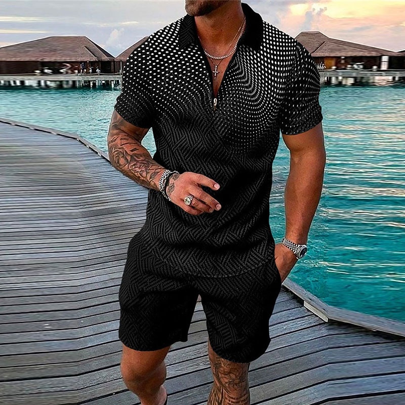 Men's Geometry Polo Shirts Golf Shirt Polo Set Short Sleeve Shirt Turndown Street Casual Black Yellow Blue Light Blue Zipper 2 Piece Clothing Apparel Fashion Designer Casual Breathable3