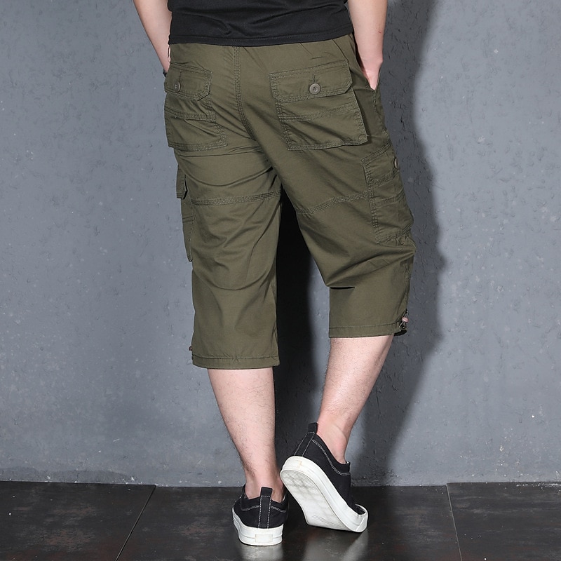 Men's Cargo Shorts Shorts Capri Pants Hiking Shorts Leg Drawstring Multi Pocket Plain Comfort Wearable Calf-Length Casual Daily Going out 100% Cotton Sports Stylish ArmyGreen Black2