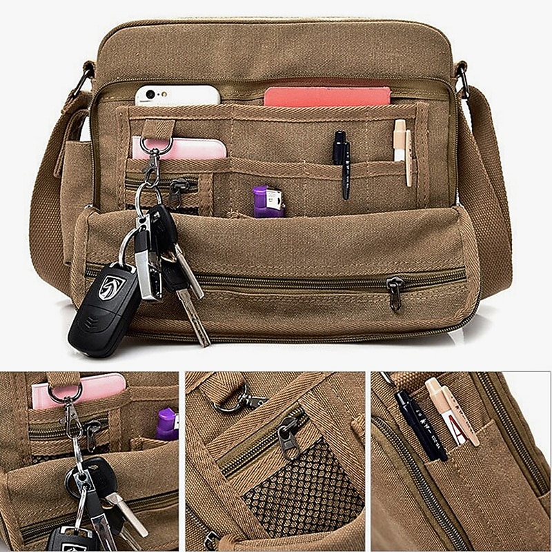 Men's Brown Canvas Messenger Bag with Multiple Pockets and Adjustable Strap for Travel and Daily Use3