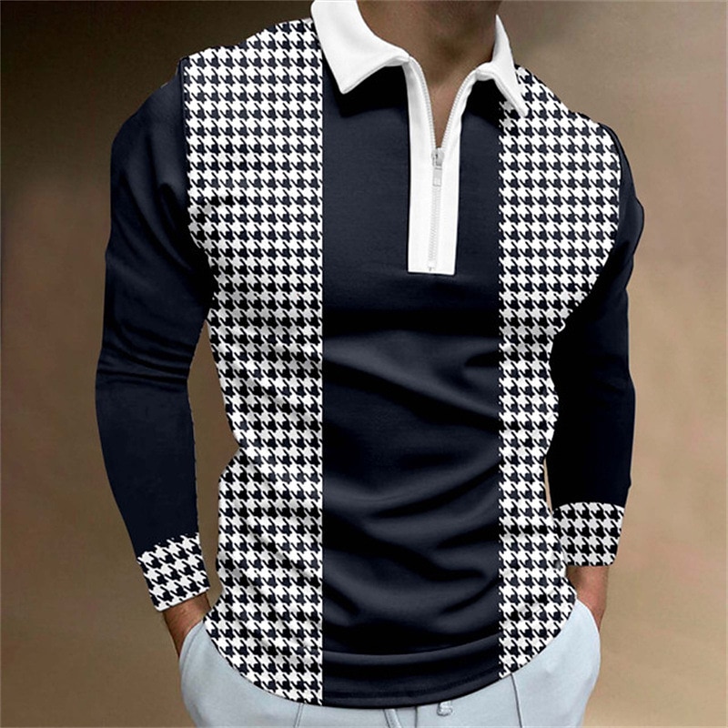 Men's Striped Zip Polo Shirts Golf Shirt Long Sleeve Polo Shirts Collared Shirts Business Casual WorkWear Formal Wear Festival Wear 3D Print Quarter Zip Polo Black White Khaki2