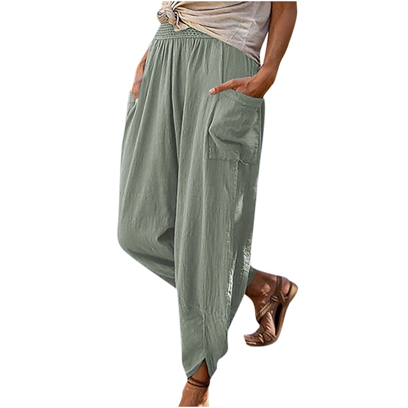 Women's Cotton Linen Pants with Side Pockets Wide-Leg Loose Casual Summer Fall White Light Blue S 2XL