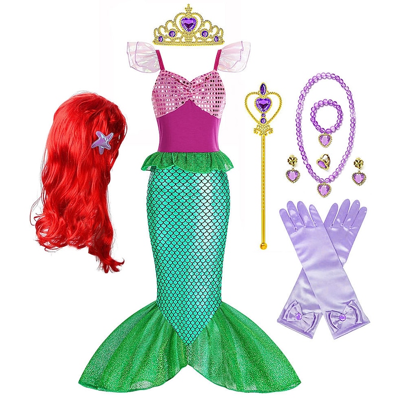 Little Mermaid Mermaid Tail Aqua Princess Dress Theme Party Costume Girls' Movie Cosplay Cosplay Halloween Wig Purple Accessories Set Blue Dress Carnival Masquerade Cotton World Book Day Costumes