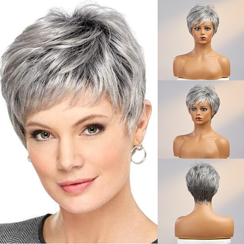 Human Hair Wig Short Straight With Bangs Dark Gray Soft Party Women Capless Brazilian Hair Women's Grey 8 inch Party / Evening Daily Daily Wear