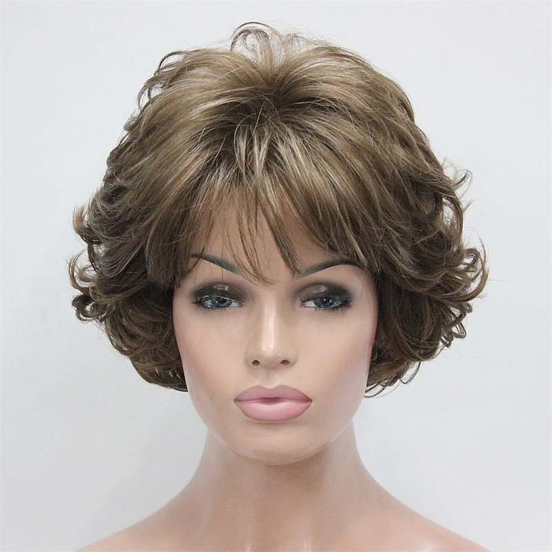 Short Curly Synthetic Wigs Full Capless Hair Women's Thick Wig for Everyday 12TT26 (Light Reddish Golden Brown with Bright Golden Blonde Highlighted)