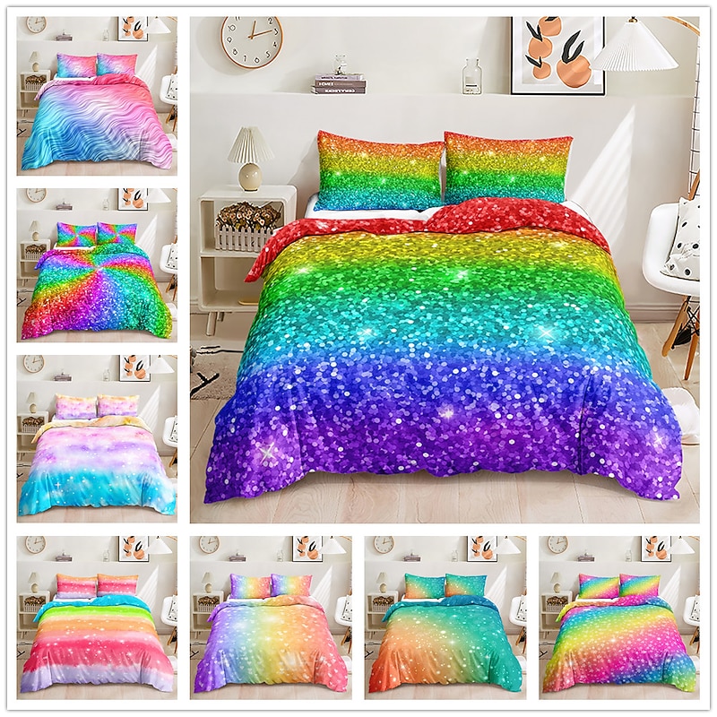 3D Bedding Rainbow Print Duvet Cover Bedding Sets Comforter Cover With 1 Print Duvet Cover Or Coverlet，1Sheet，2 Pillowcases For Double/Queen/King Back To School College Student2