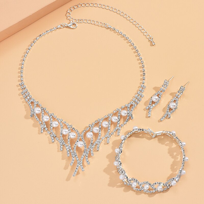 Bridal Jewelry Sets 1 set Imitation Pearl Imitation Diamond 1 Necklace 1 Bracelet Earrings Women's Elegant European Tassel Fringe Jewelry Set For Wedding Anniversary Party Evening2
