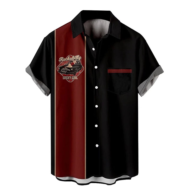 Men's Car Striped Shirt Bowling Shirt Button Up Shirt Short Sleeve Vintage Tropical Fashion Outdoor Beach Summer Spring Turndown Print Button-Down Black and Red Black Red4