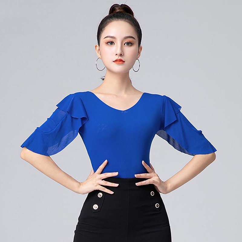 Latin Dance Activewear Leotard / Onesie Ruffles Ruching Pure Color Women's Performance Training Half Sleeve High Polyester3