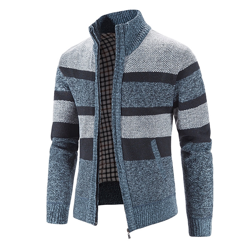 Men's Sweater Cardigan Sweater Zip Sweater Sweater Jacket Ribbed Knit Knitted Color Block Stand Collar Fashion Casual Sports Daily Wear Clothing Apparel Fall & Winter Navy Blue Blue M L XL4