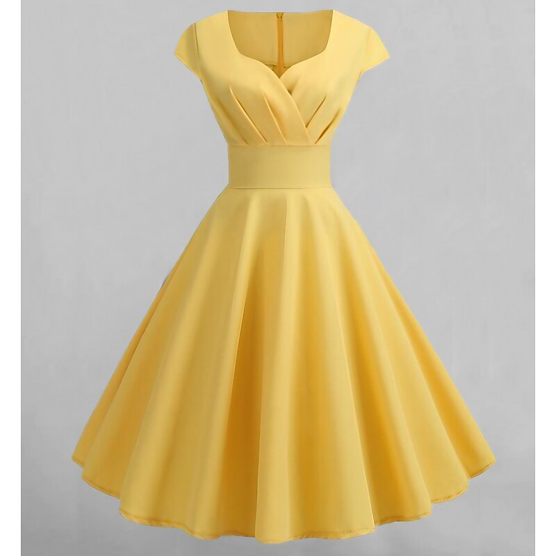 Women's Swing Dress Vintage Tea Dresses Midi Dress Black Yellow Pink Short Sleeve Pure Color Ruched Spring Summer Crew Neck Vintage Daily Weekend Slim S M L XL XXL