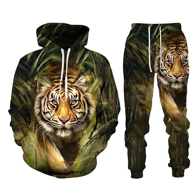 Men's Graphic Tiger 2pcs 3D Sweatshirt Sets Tracksuit Hoodies Long Sleeve Long pants Hooded Streetwear Designer Basic Sports & Outdoor Casual Sports Print Spring Fall Black Blue Purple4