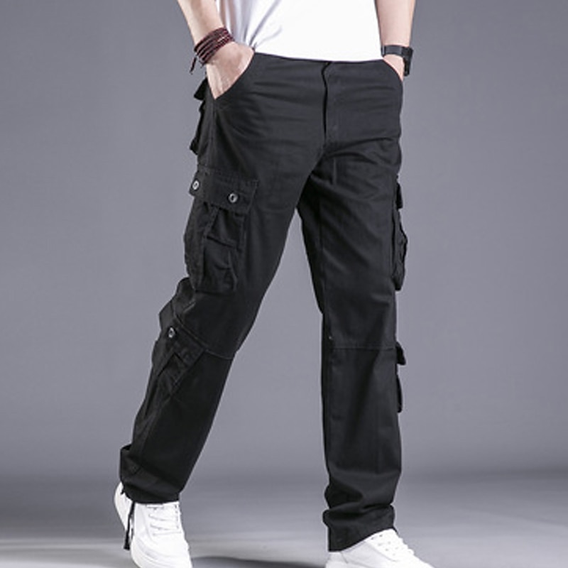 Men's Cargo Pants Trousers Leg Drawstring 8 Pocket Solid Color Comfort Outdoor Daily Streetwear Grass Green Black2
