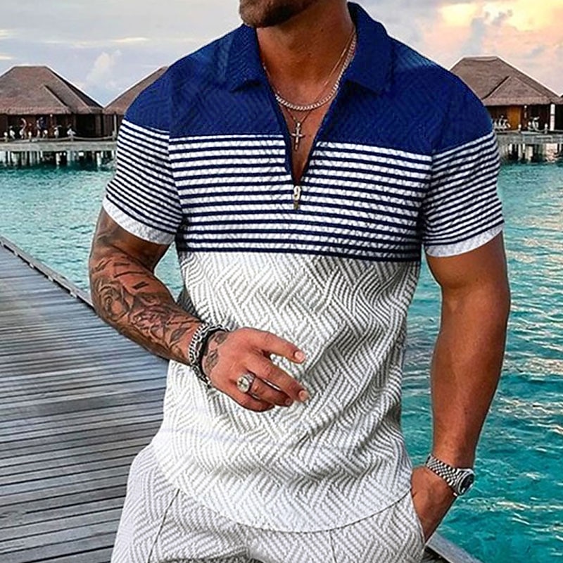 Men's Striped Hawaiian Polo Shirts Golf Shirt Short Sleeve Polo Shirts Collared Shirts Casual Beach Wear Vacation Wear Party Outfits 3D Print Quarter Zip Polo Black-White Black Army Green4