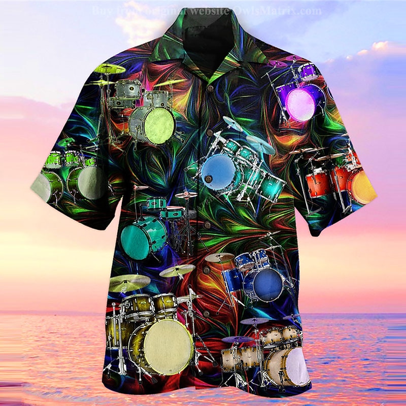 Men's Drum Shirt Summer Hawaiian Shirt Button Up Shirt Short Sleeve Tropical Fashion Hawaiian Casual Hawaiian Holiday Summer Spring Turndown Print Button-Down Black Purple Green