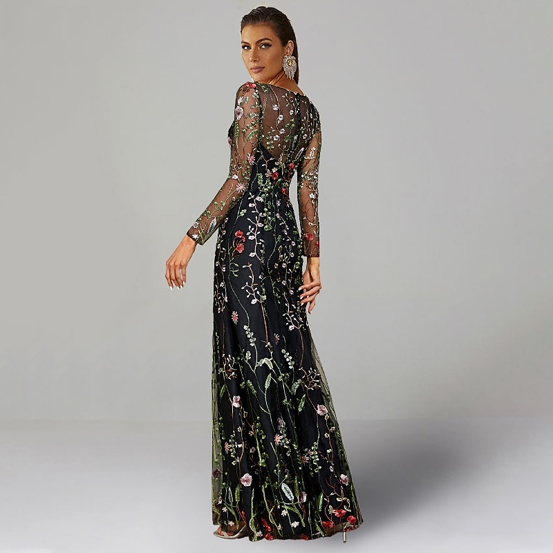 Beach Wedding Sheath Wedding Guest Dresses Floral Dress Semi Formal Garden Party Floor Length Long Sleeve Jewel Neck Fall Wedding Guest Tulle with Embroidery2