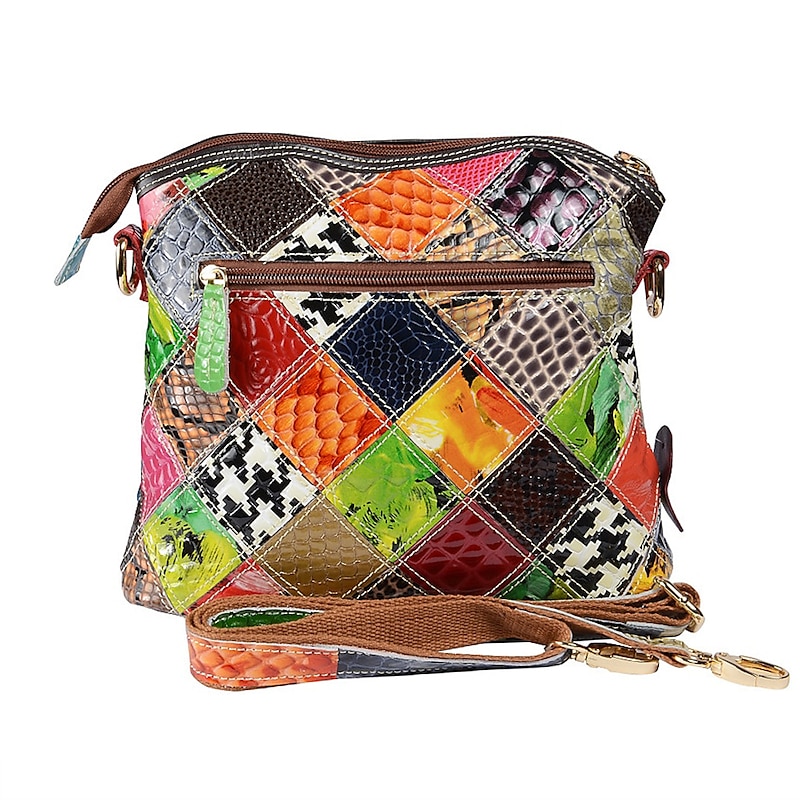 Women's Colorful Patchwork Leather Shoulder Bag - Bohemian Style Handbag with Floral Accents4