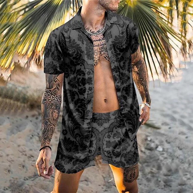 Men's Floral 2pcs Shirts Sets Summer Hawaiian Shirt Short Sleeve Short Pants Turndown Tropical Fashion Hawaiian Casual Holiday Beach Print Summer Spring Black Blue Khaki