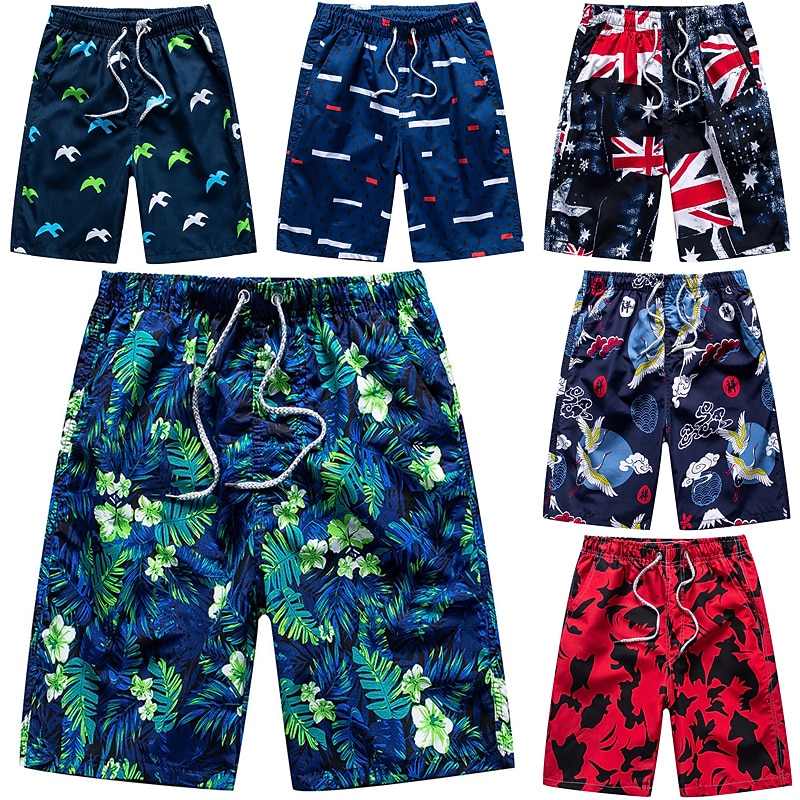 Men's Board Shorts Swim Shorts Swim Trunks Summer Shorts Beach Shorts Drawstring Elastic Waist Print Plants Lattice Graphic Prints Comfort Casual Daily Beach Fashion Streetwear Black White