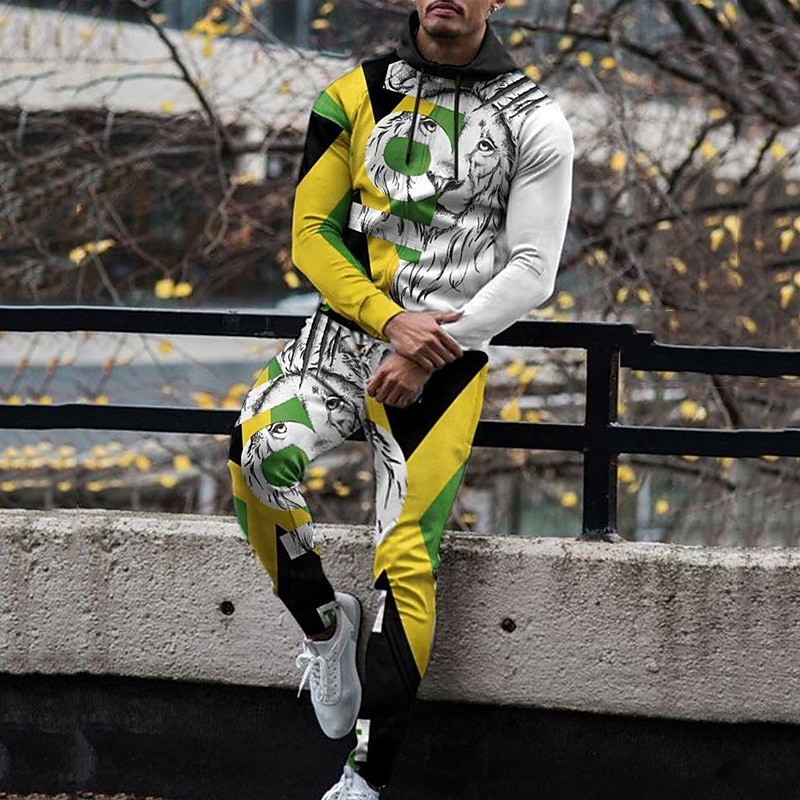 Men's Graphic Animal 2pcs 3D Sweatshirt Sets Tracksuit Hoodies Long Sleeve Long pants Hooded Streetwear Designer Basic Sports & Outdoor Casual Sports Zipper Spring Fall White Yellow Blue4