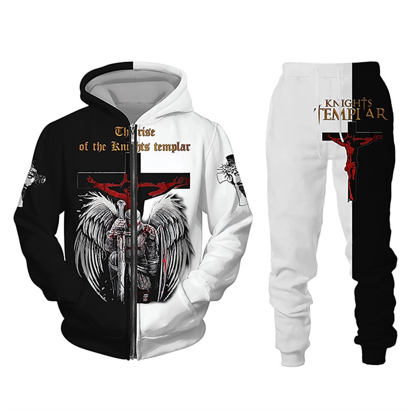 Men's Graphic Templar Cross 2pcs 3D Sweatshirt Sets Tracksuit Hoodies Long Sleeve Long pants Hooded Streetwear Designer Basic Sports & Outdoor Casual Sports Zipper Spring Fall Black White Wine