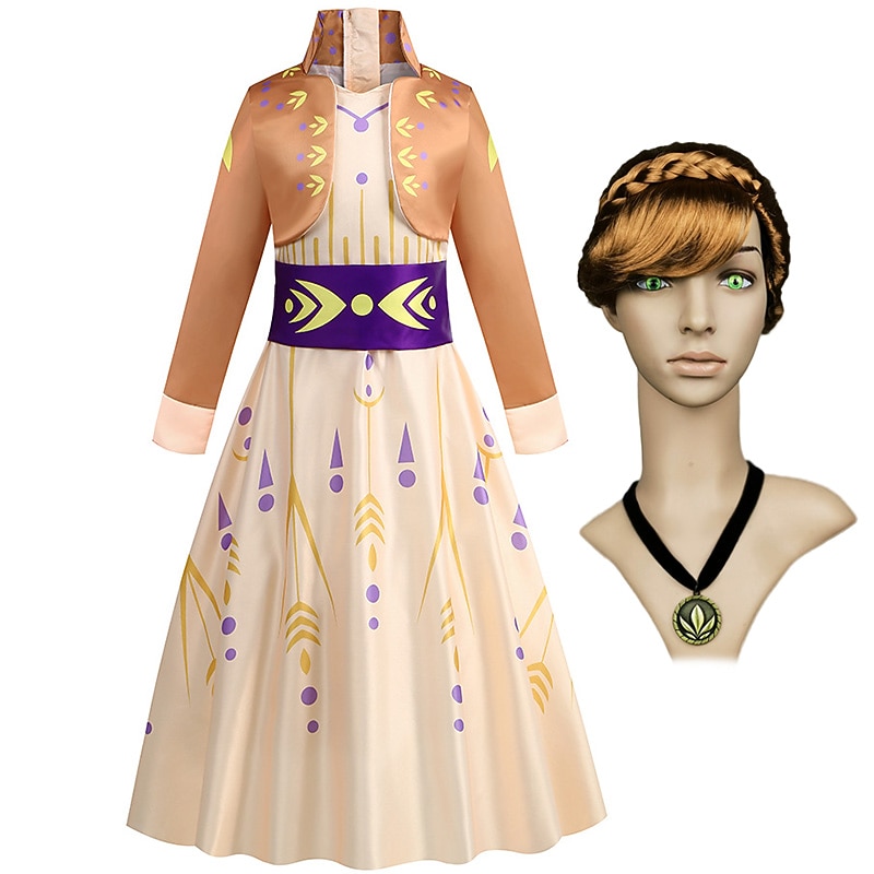 Frozen Fairytale Princess Anna Flower Girl Dress Theme Party Costume Girls' Movie Cosplay Cosplay Halloween Wig Black Brown Dress Halloween Carnival Masquerade Polyester World Book Day Costumes