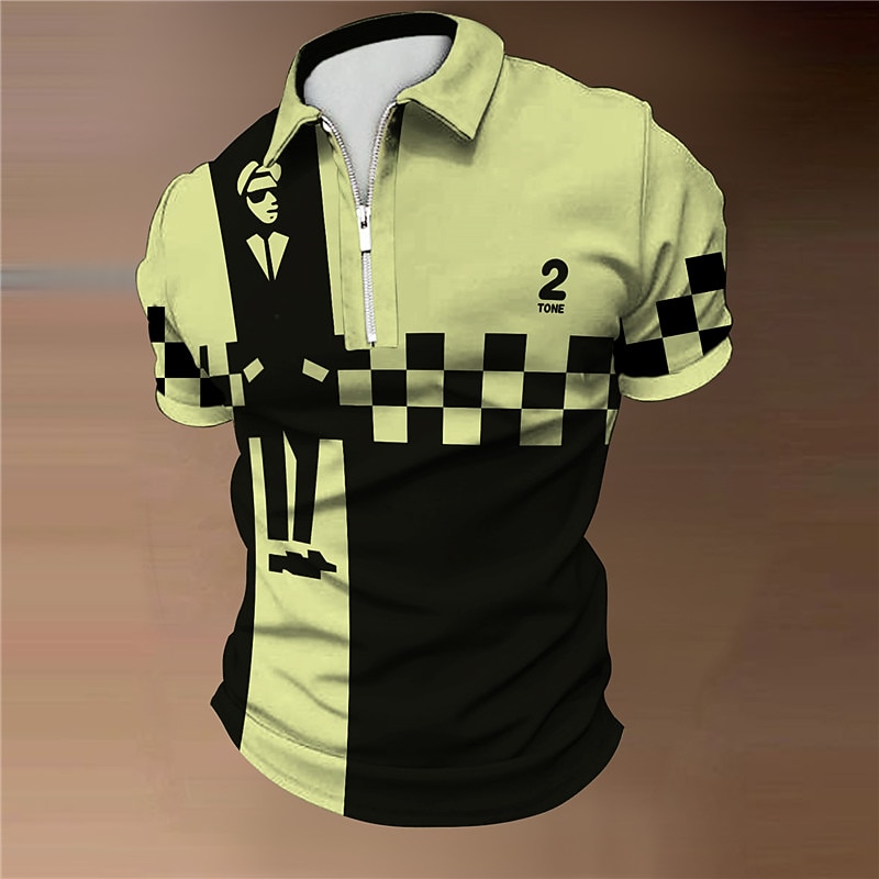 Music Festival Men's Plaid Music Zip Polo Shirts Golf Shirt Short Sleeve Polo Shirts Collared Shirts Casual Vacation Wear Festival Wear Party Outfits 3D Print Quarter Zip Polo White Yellow Blue2