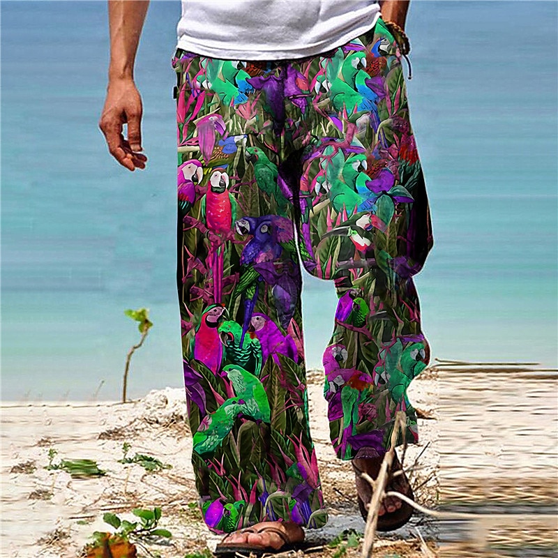 Men's Trousers Summer Pants Beach Pants Drawstring Elastic Waist Straight Leg Animal Plants Graphic Prints Comfort Casual Daily Holiday Hawaiian Designer Black Yellow4