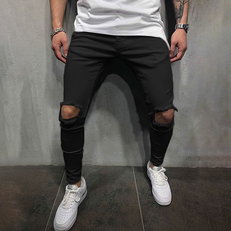 Men's Trousers Casual Pants Ripped Straight Leg Solid Colored Comfort Soft Outdoor Daily Streetwear Casual Black White Micro-elastic3