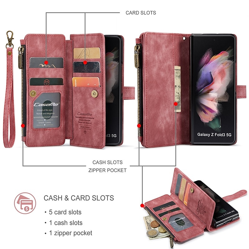 Phone Case For Samsung Galaxy Z Fold 5 Z Fold 4 Z Fold 3 Wallet Case Flip Zipper Full Body Protective Retro PU Leather4