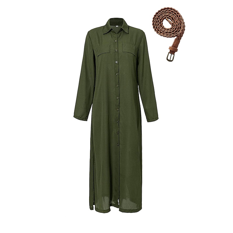 Women's Shirt Dress Maxi long Dress Black Army Green Navy Blue Long Sleeve Solid Color Button Spring Summer Shirt Collar Stylish Work Formal2
