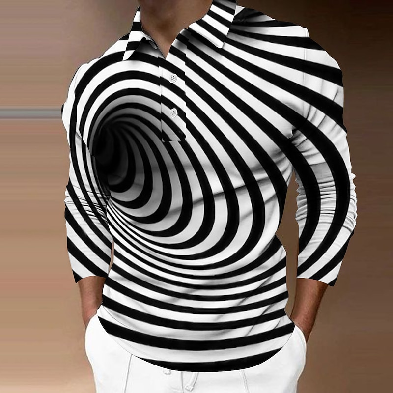 Men's Graphic Polo Shirts Golf Shirt Long Sleeve Polo Shirts Collared Shirts Casual Vacation Wear Rave Wear Party Outfits 3D Print Buttons Black-White Black+Black Black4